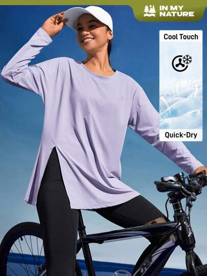 In My Nature Women Simple Solid Color Round Neck Long Sleeve Split Hem Casual Outdoor T-Shirt &am... | SHEIN