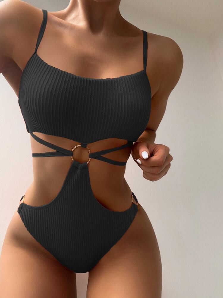 Textured Ring Linked Cut-out One Piece Swimsuit | SHEIN