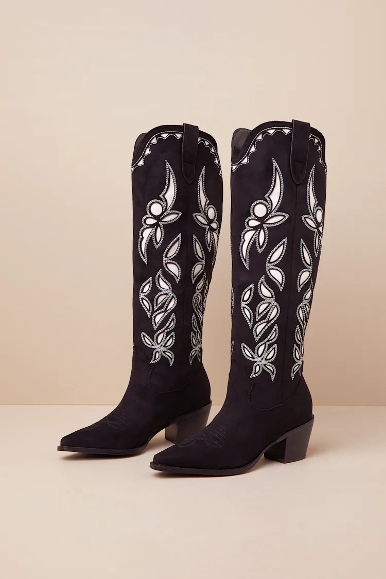 Della Black Suede Knee-High Western Boots | Lulus