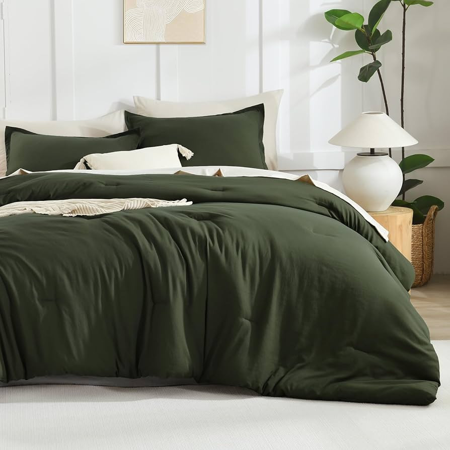 Litanika Dark Olive Green Comforter Set King, 3 Pieces Solid Bedding Comforter Set, All Season Fl... | Amazon (US)