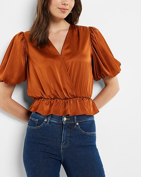 Satin Faux Wrap Peplum Thong Bodysuit | Express