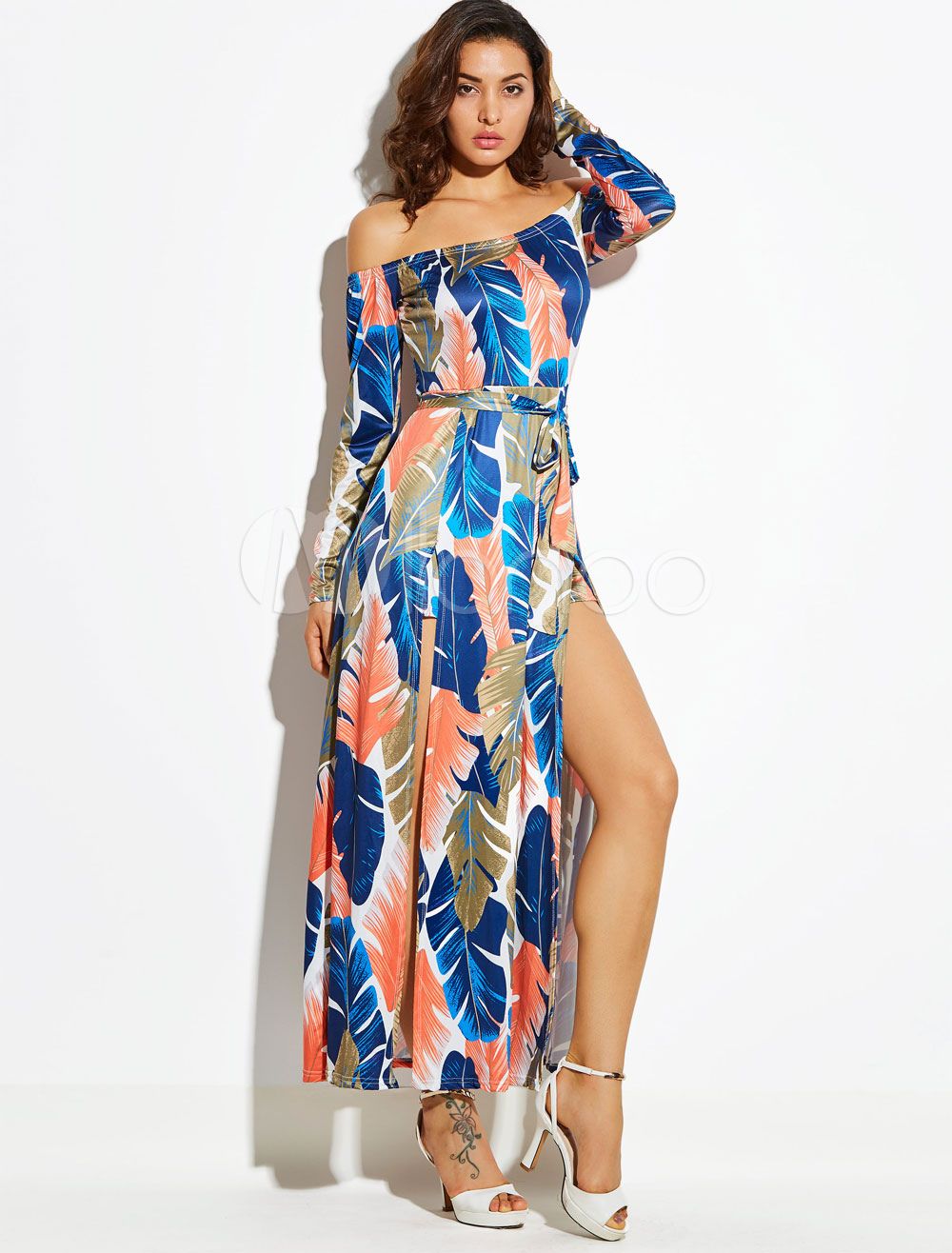 Women Maxi Dress Off The Shoulder Long Sleeve Leaf Print Split Blue Long Dress | Milanoo