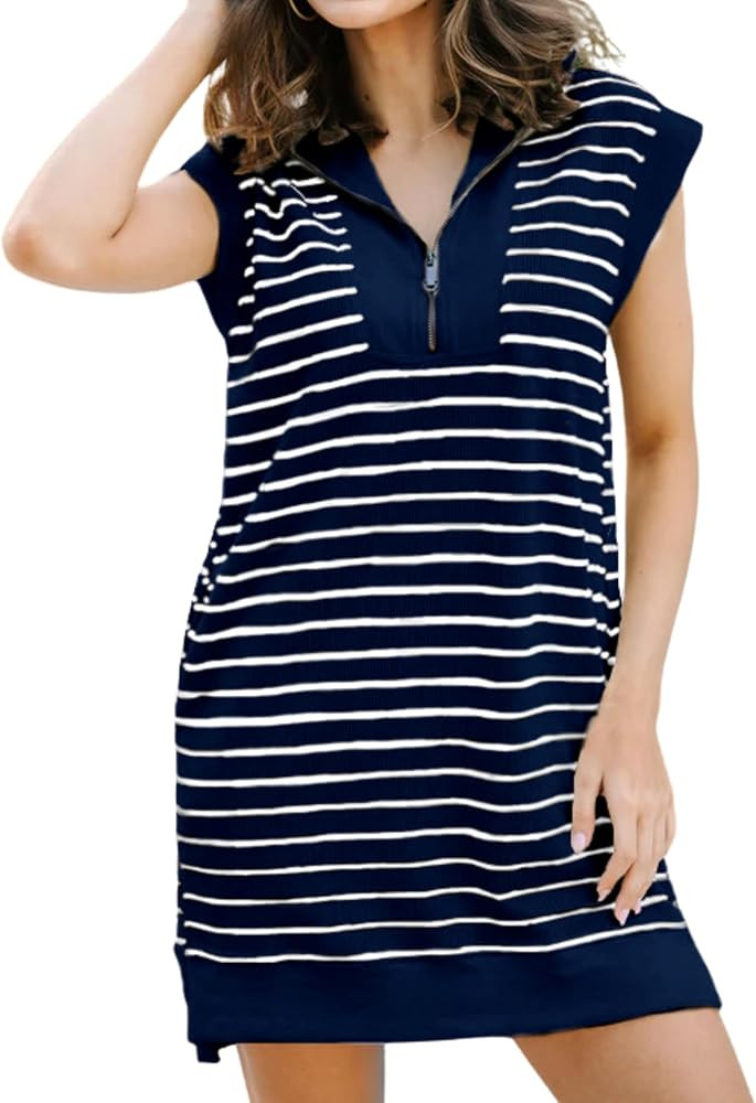 SeekMe Women's Summer Striped Sweater Dress Cap Sleeve Sweatshirt Dress Zip Knit Mini Romper with... | Amazon (US)