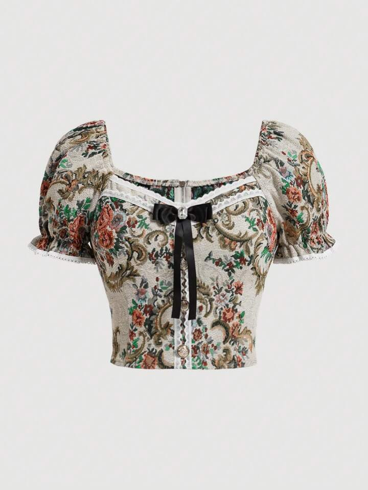 SHEIN MOD Vintage Palace Oil Painting Flower Jacquard Puff Sleeve Princess Shirt | SHEIN