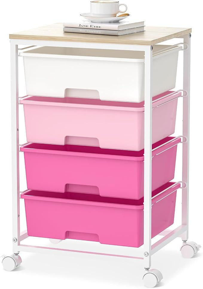 SYKIARIOL Utility-Rolling-Craft-Storage-Cart-Organizer with 4 Drawers and Wooden Tabletop, 4 Tier... | Amazon (US)