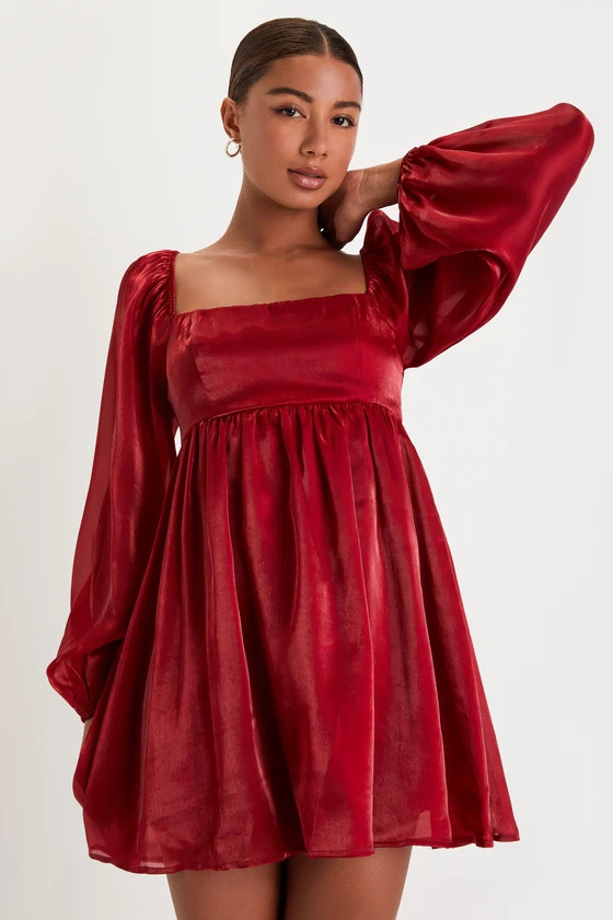Upscale Stunner Wine Red Organza Long Sleeve Babydoll Mini Dress | Lulus