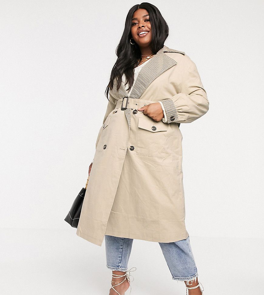 Neon Rose Plus oversized trench coat with check contrast collar-Brown | ASOS (Global)