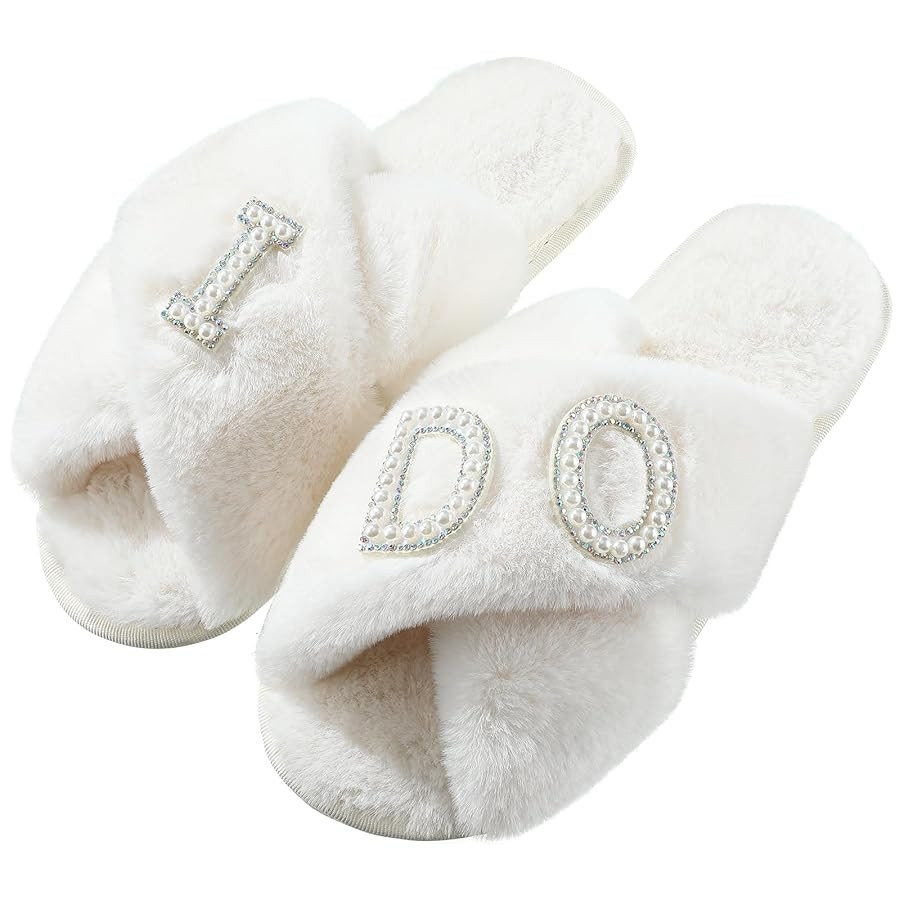 Xuhal Bride Slippers I Do Slippers Women's Wedding Shoes for Bride Plush Furry Warm White Open To... | Amazon (US)