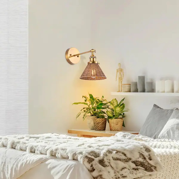 1-Light Farmhouse Brown Rattan Gold Brass Wall Swing Arm Lamp Wall Sconce - Bed Bath & Beyond - 3... | Bed Bath & Beyond