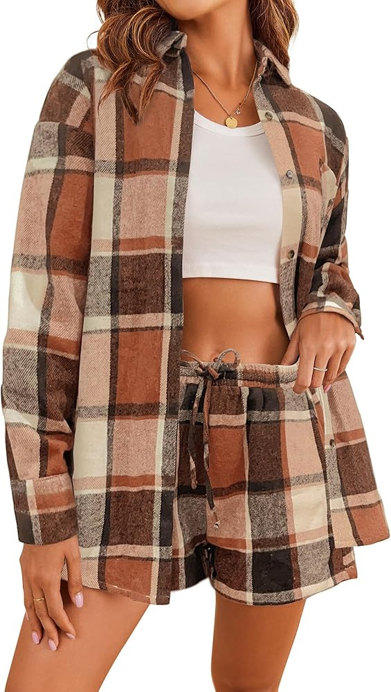 Ekouaer Plaid Pajamas Set for Women Button Down Casual Outfits Long Sleeve Shirts and Shorts Loun... | Amazon (US)