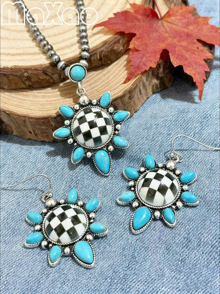 Vintage American Western Checkerboard Sunflower Turquoise Jewelry Set For Women. Classic Western Vibe With Sunflower Outline, Checkerboard Pattern, And Turquoise, Distressed Silver Craftsmanship Captures Rugged And Casual Wilderness Aesthetic, Black And White Checkerboard Adds Retro Streetwear Flair. Necklace And Earrings Set Design, A Personalized And Tasteful Gift That Exudes A Cool, Free-Spirited Aura When Worn. | SHEIN