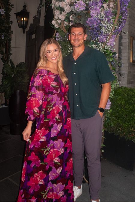 Get my dress for $75 with code 25OFF at checkout! Maternity friendly floral flowy long sleeve maxi dress for date night with his soft knit button up short sleeve shirt

#LTKsalealert #LTKunder100 #LTKmens