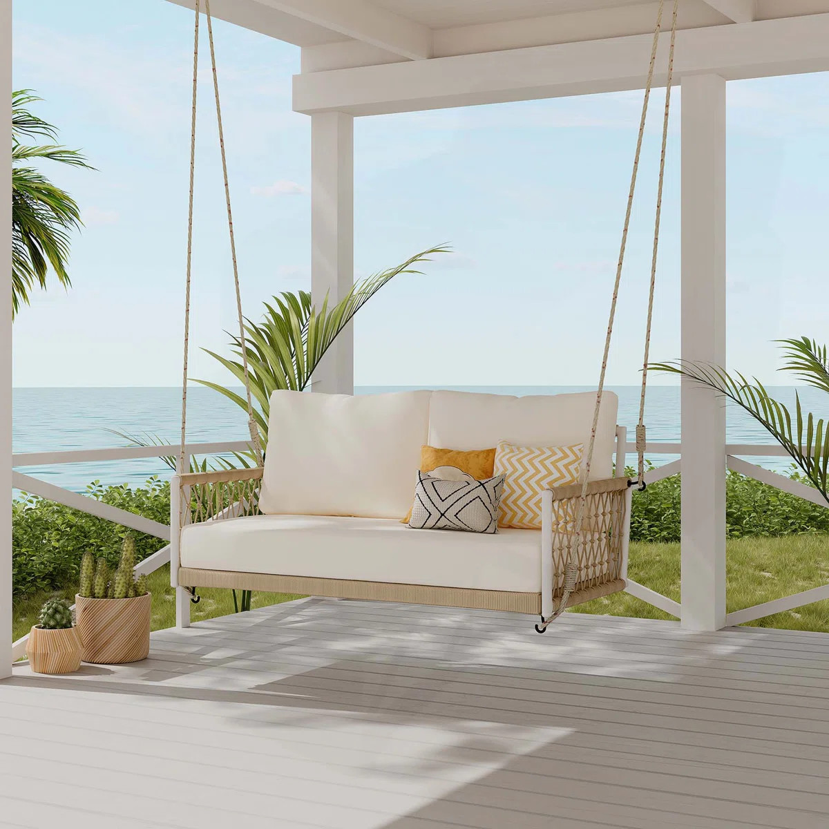 Charming Two-Person Woven Rope Outdoor Swing Sofa with Soft Cushions | Wayfair North America