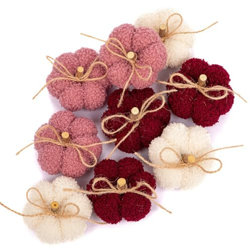Fake Fall Pumpkin Decorations for Home, 9 Pcs Artificial Mini Fabric Pumpkins Autumn Decor, Fake Pumpkins for decorating, Fall Table Centerpiece Baby Shower, Halloween, Thanksgiving, Burgundy & Pink | Amazon (US)