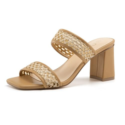 Athlefit Women's Braided Heels Square Toe Strappy Braided Sandals Slides Slip On Woven Block Brown Braided Heels Size 9.5 | Amazon (US)