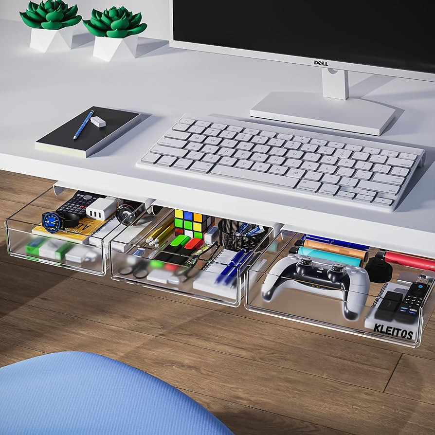 3 Pack Under Desk Drawer Organizer, Self Adhesive Drawer Slide Out, Large Storage Organizers for ... | Amazon (US)