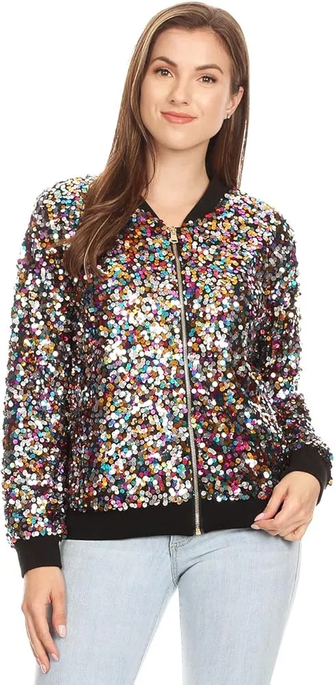 Anna-Kaci Womens Sequin Long Sleeve Front Zip Jacket with Ribbed