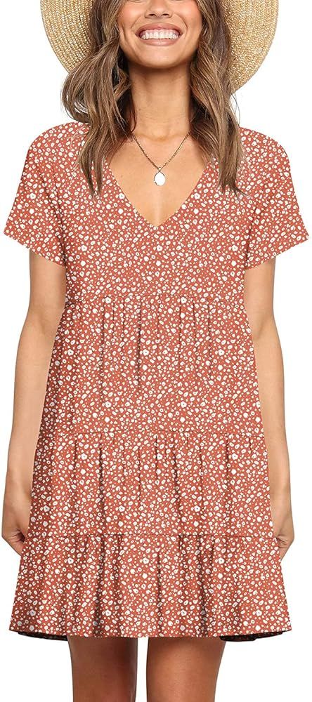 Cosonsen Women's Summer Dresses Casual V-Neck Short Sleeve Ruffle Tunic Dress | Amazon (US)