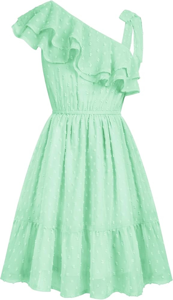 GRACE KARIN Girls Summer Dress One Shoulder Ruffle Sleeve Midi Casual Sundress | Amazon (US)
