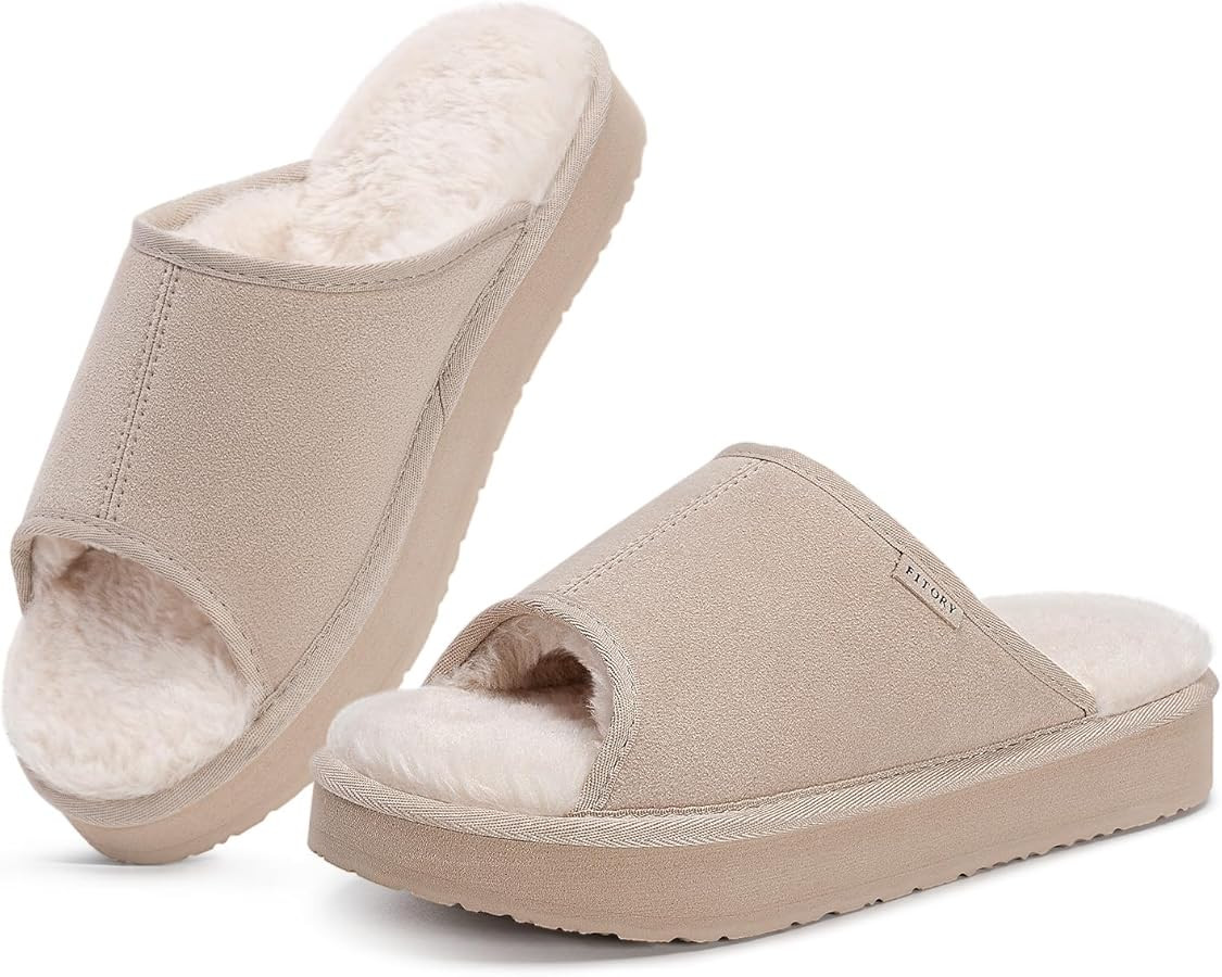 FITORY Women's Suede Slippers with Fuzzy Lined Open Toe - Non-Slip Indoor/Outdoor House Shoes for... | Amazon (US)