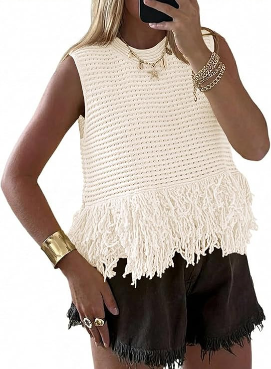 Saodimallsu Womens Crochet Crop Tank Tops Sleeveless Fringe Crew Neck Trendy Boho Knit Summer Swe... | Amazon (US)