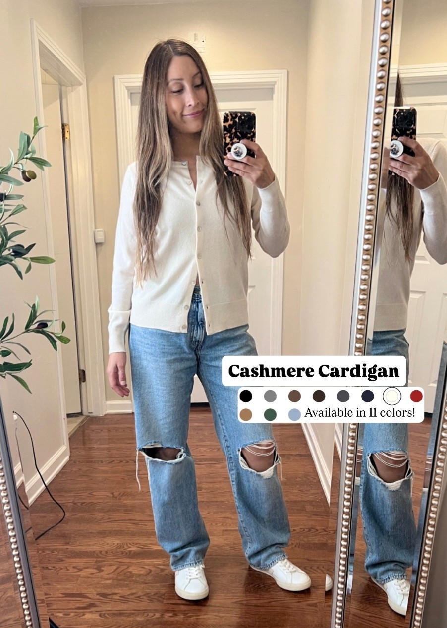 Cashmere cardigan that you can dress up or down and is so so soft!! Wearing a sz Medium #cashmerecardigan #cashmere #cardigan #quince #winteroutfit #levis 

#LTKFindsUnder100 #LTKFindsUnder50 #LTKmomlife