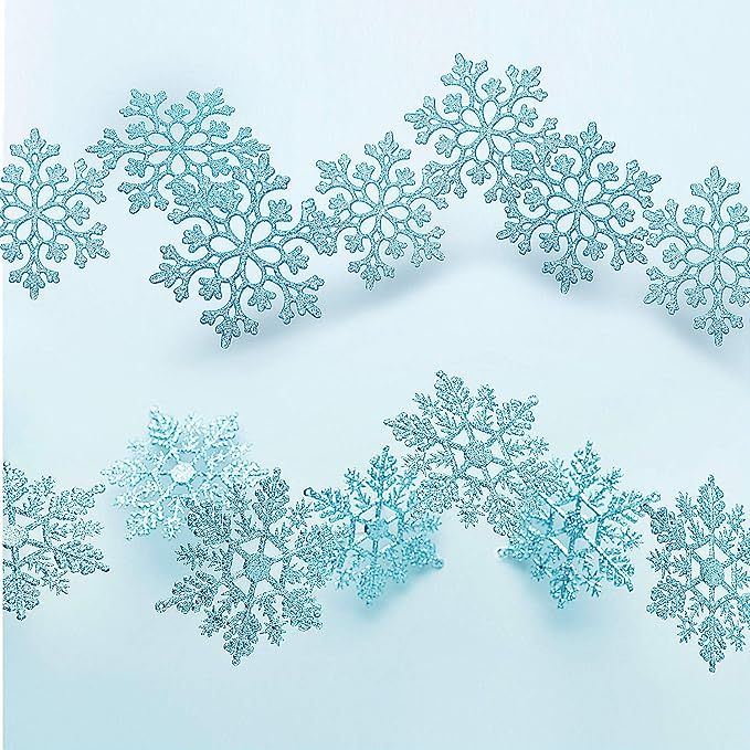 Hestya 50 Pieces Plastic Snowflakes Ornaments for Christmas Decoration, Assorted Sizes (Blue Glit... | Amazon (US)