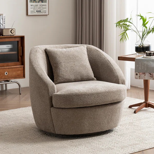 28.74" W Boucle Upholstered Accent Chair With Lumbar Pillow, Extra Wide Fabric Barrel Chair, Swiv... | Wayfair North America