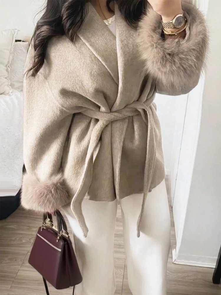 Minimalist Casual Chic Commuter Wool Blend Long Sleeve Coat, Solid Color Faux Shearling Patchwork... | SHEIN