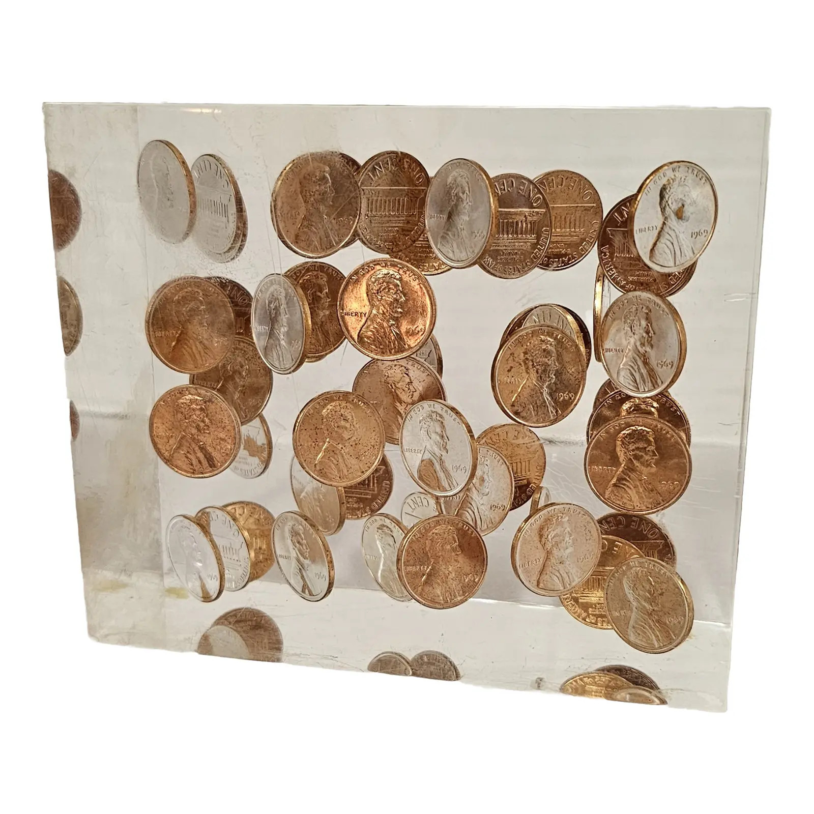 Mid Century Modern Lucite Penny Paperweight | Chairish