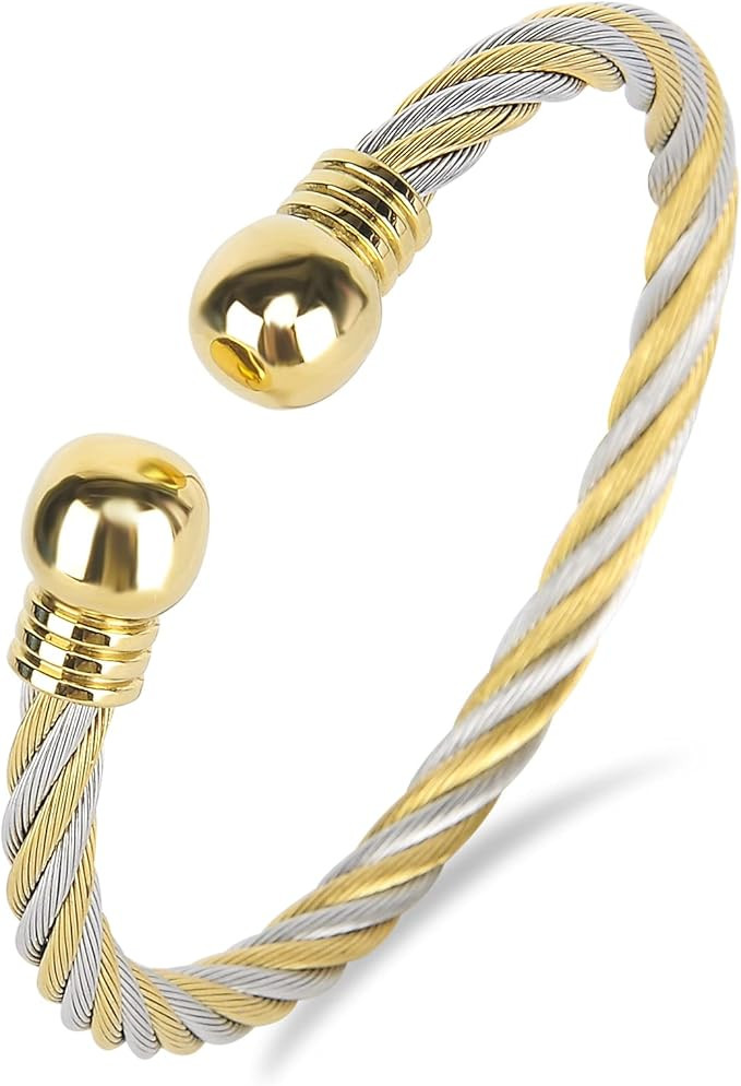 Tiyad Stainless Steel Golden Silver Twisted Cable Bracelet Adjustable Cuff Bangle Bracelets For W... | Amazon (US)