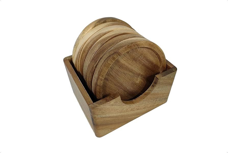 6 Piece Acacia Wood Coaster Set with Holder in a Gift Box, Made from one pc Solid Acacia Wood, Ma... | Amazon (US)