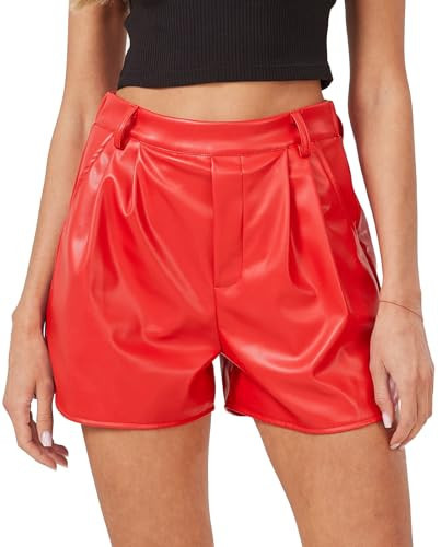 XinYangNi Faux Leather Shorts for Women Pleather Elastic High Wasited Pleated Wide Leg Side Slit with Pockets Red Small | Amazon (US)