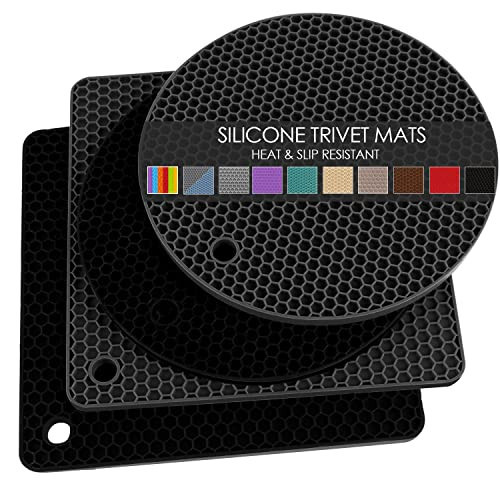 Silicone Trivet Mats, 4 Pack Silicone Pot Holders for Hot Pan and Pot Pads, Heat Resistant Counter Mats for Tables, Countertops, Spoon Rest and Large Coasters, Black & Gray (2 Squared + 2 Round Mats) | Amazon (US)