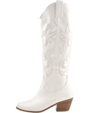 Richealnana Cowboy Boots for Women Embroidered Square Toe Distressed Pull-On Cowgirl Knee High We... | Amazon (US)