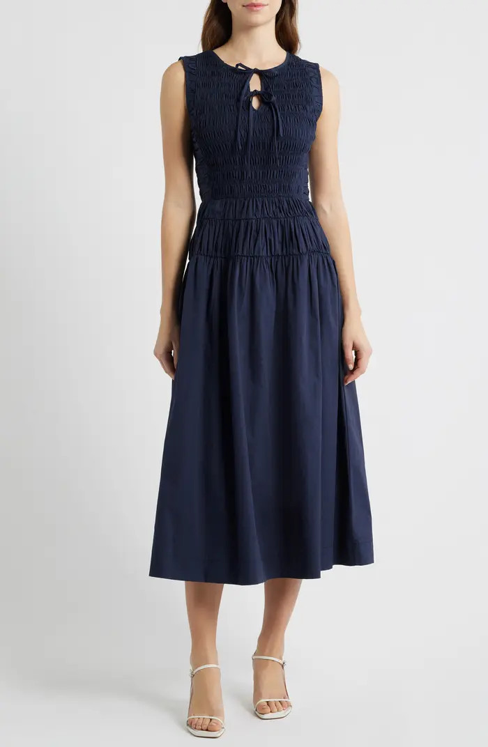 Tie Front Smock Waist Midi Dress | Nordstrom