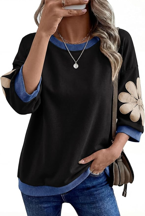 Dokotoo Women's Oversized 3/4 Sleeve Sweatshirt Floral Patch Crewneck Pullover Casual Tops | Amazon (US)