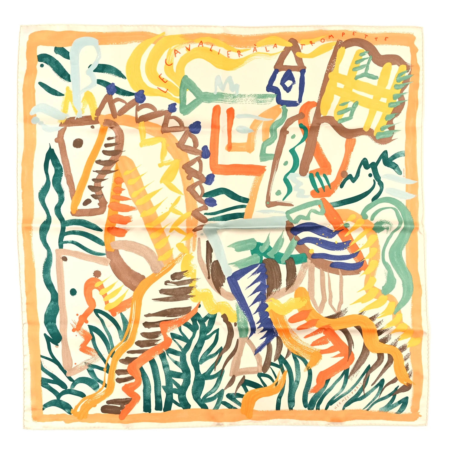 Silk Twill Le Cavalier a la Trompette Scarf 90 Ivorie Jaune Vert | FASHIONPHILE (US)