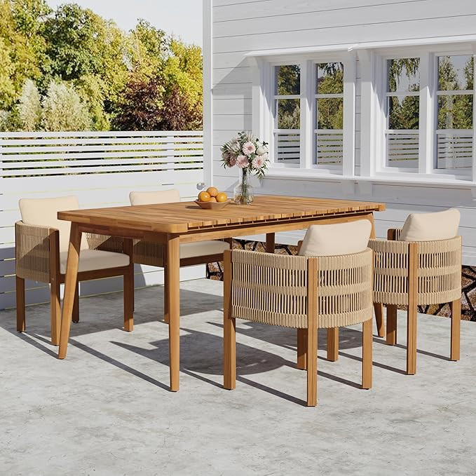 All-Weather 5-Piece Patio Dining Set, Acacia Wood Outdoor Table with Slatted Top & 4 Chairs Inclu... | Amazon (US)