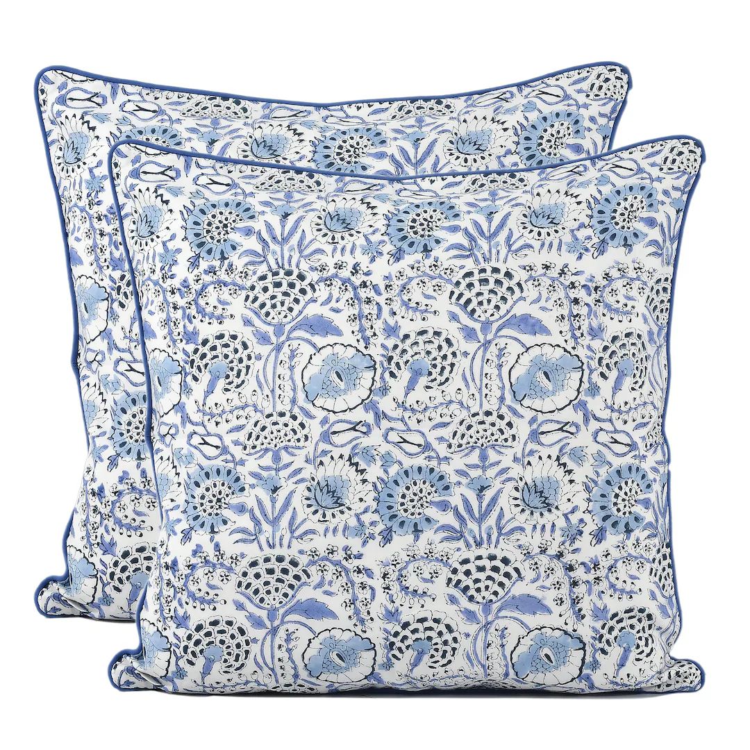 Aqua Blue Indian Block Print Pillow Cover, Decorative Throw Cushion Cover, Modern Farmhouse Pillo... | Etsy (US)