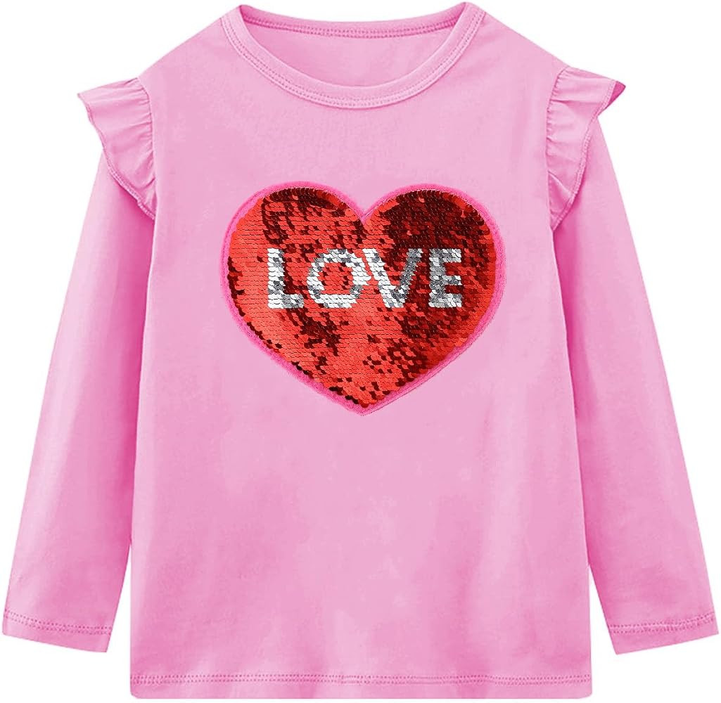 Mrocioa Valentine's Festival Shirt for Girl Heart Flip Sequin Ruffle Tops Kids Long Sleeve Blouse... | Amazon (US)