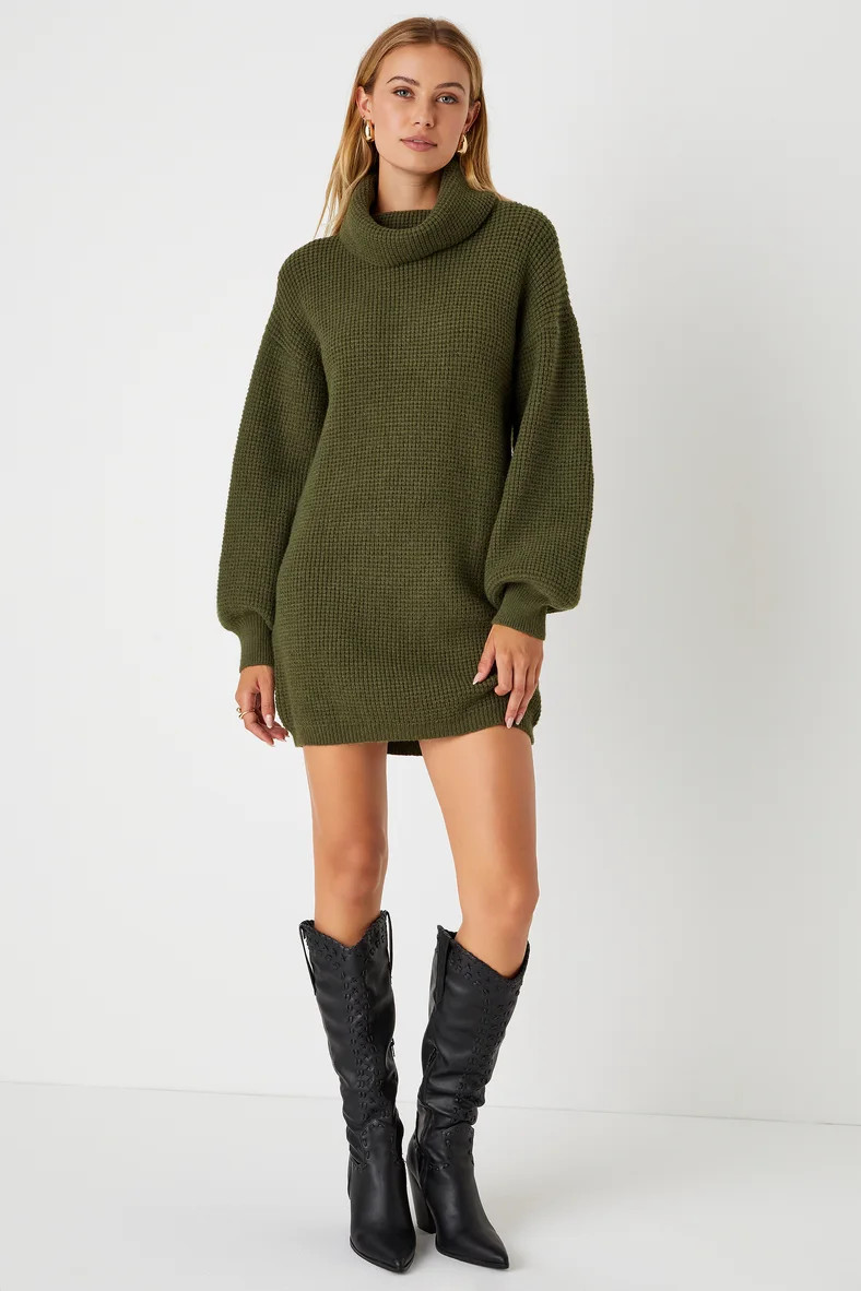 Casual Coziness Olive Green Waffle Knit Cowl Neck Sweater Dress | Lulus (US)