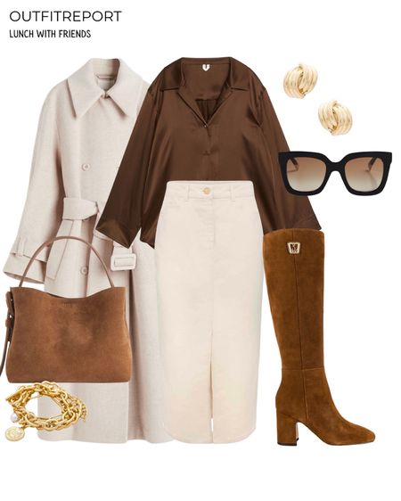 Lunch with friends outfit in white beige midi skirt brown satin shirt brown knee high boots brown handbag and white coat 

#LTKstyletip #LTKitbag #LTKshoecrush