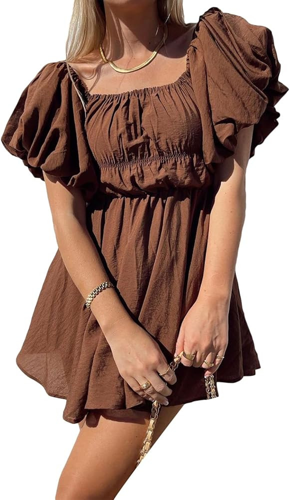 Women Casual Summer Dress Solid Color Elegant Short Puff Sleeve Off-Shoulder Tunic Dress for Part... | Amazon (US)