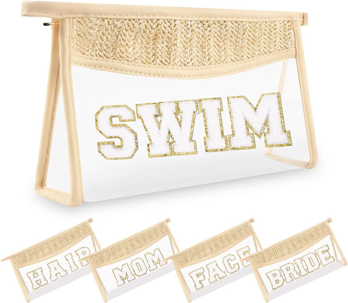 Small Boho Straw Clear Swim Makeup Bags for Women&Girls, Zipper Cosmetic Bag Chenille Varsity Let... | Amazon (US)
