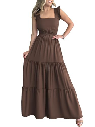 Prinbara Womens Maxi Dress Summer Casual Sleeveless Square Neck Flowy Ruffle Backless Beach 2026 Vacation Boho Long Sundress Brown Large | Amazon (US)