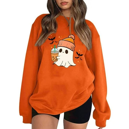 Women s Halloween Ghost Graphic Sweatshirt Cozy Fall Pullover with Cute Pumpkin Spice Design Red | Walmart (US)