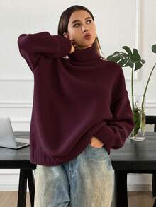 Livesso Women Solid High Neck Drop Shoulder Long Sleeve Casual Pullover Sweater, Autumn/Winter,Lo... | SHEIN