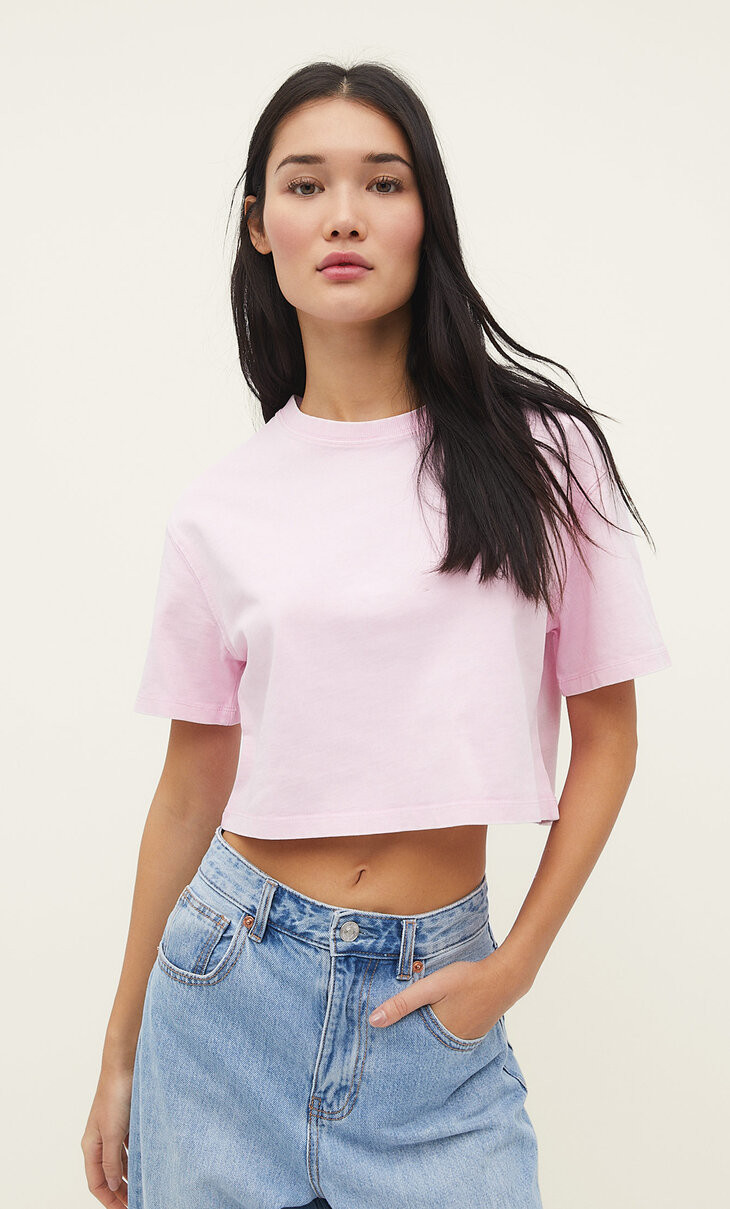 Acid wash cropped cotton T-shirt | Stradivarius (UK)