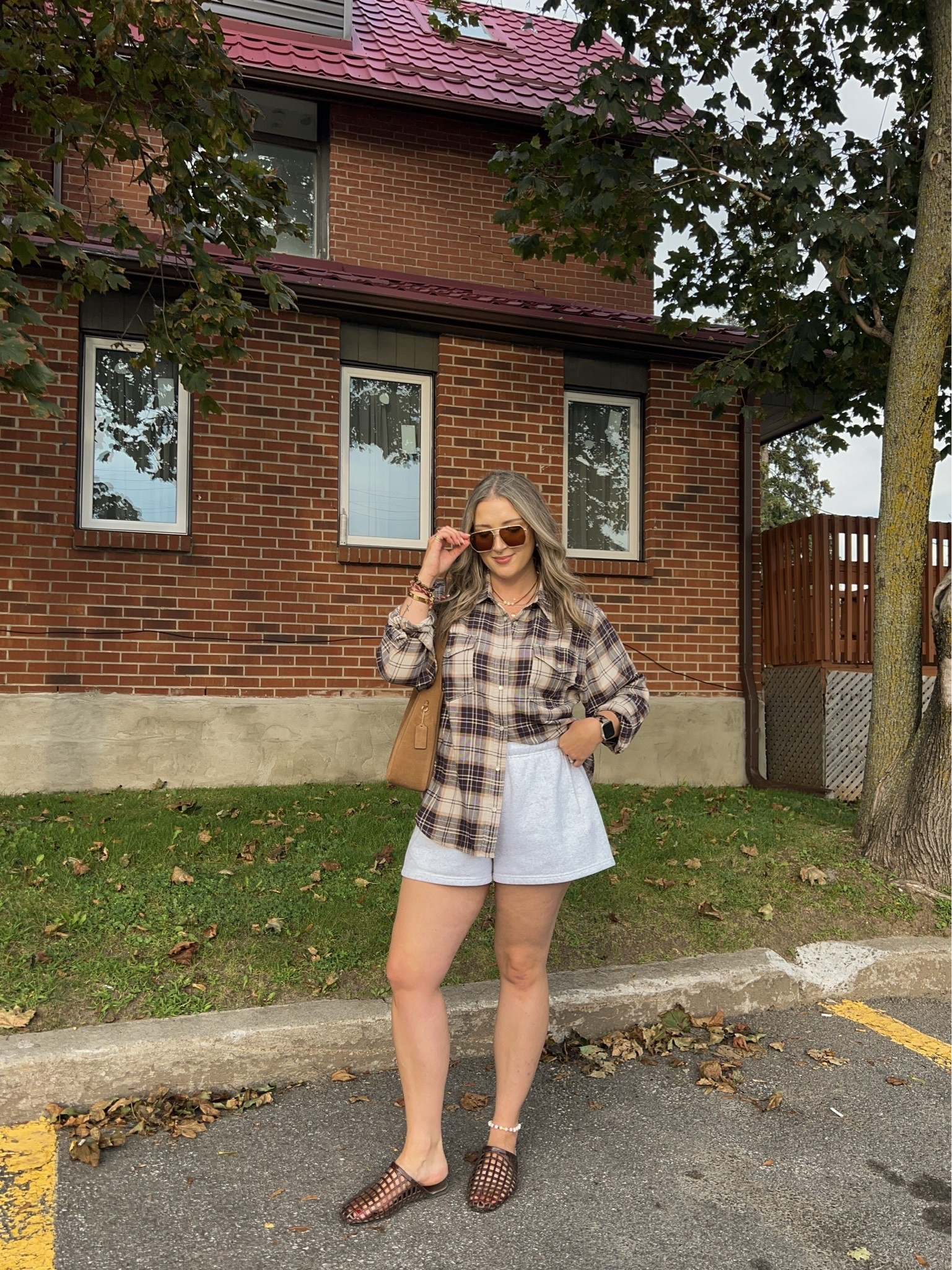 Early fall outift! Flannel is a more fitted style so I sized up to XL for this oversized look. Wearing L in the shorts. I’m a 9.5-10 shoe and wear a 10 in the jelly shoes (exact Canadian shoes link under “similar products”)

#LTKfall #LTKsale #LTKmidsize